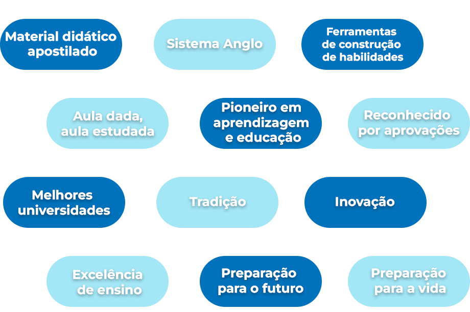 fotos com varios balõezinhos retangulares que contém palavras chave sobre o metodo de ensino da fundação.